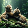 two young tiger cubs playing and wrestling together Royalty Free Stock Photo