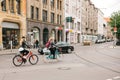 Berlin, October 2, 2017: Two young unknown girls riding bicycles along the street of Berlin Royalty Free Stock Photo