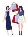 Two young woman shopping together. Beautiful female characters