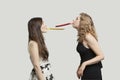 Two young women blowing party puffers while looking at each other against gray background