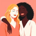 Two young women with different skin colors hugging each other, ethnicity friendship vector illustration, generative ai Royalty Free Stock Photo