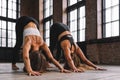 Two young women do complex of stretching yoga asanas in loft style class. Adho Mukha Svanasana - downward dog Pose Royalty Free Stock Photo