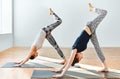 Two young women doing yoga asana downward facing dog Royalty Free Stock Photo