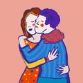 Two young women dressed in modern clothes give a warm hug. Happy meeting of close female friends. Colored vector illustration in a Royalty Free Stock Photo