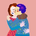 Two young women dressed in modern clothes give a warm hug. Happy meeting of close female friends. Colored vector illustration in a