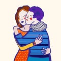 Two young women dressed in modern clothes give a warm hug. Happy meeting of close female friends. Colored vector illustration in a Royalty Free Stock Photo