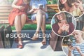 Two young women in dresses sitting on a park bench, using their smartphones. Nearby are shopping bags. Royalty Free Stock Photo