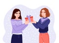 Two young women exchanging gifts. Friends presenting gifts and wish each other merry christmas. Flat hand-drawn Royalty Free Stock Photo