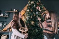Two young women friends decorates the Christmas tree with toys. Preparing for the holidays Royalty Free Stock Photo