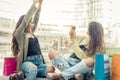 Two young women having fun in the city center Royalty Free Stock Photo