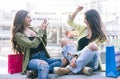 Two young women having fun in the city center Royalty Free Stock Photo