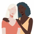 Two young women hugging each other, ethnicity people portrait, Vector illustration in flat style, generative ai Royalty Free Stock Photo