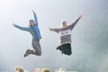 Two young women jumping Royalty Free Stock Photo