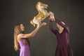 Two young woman dancing with antique carousel horse. Royalty Free Stock Photo