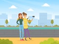 Two Young Women Making Selfie on City Street, Best Friends Forever Concept Cartoon Vector Illustration