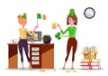 Two young women office workers celebrate St. Patrick`s Day at workplace with beer mugs, Ireland flag in hands. Piles of paper Royalty Free Stock Photo