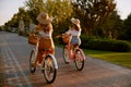 Two young women riding bicycle in urban park view from back Royalty Free Stock Photo