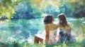 Two Young Women Sharing Intimate Friendship Moments by Serene River in Lush Impressionist Style Landscape Royalty Free Stock Photo