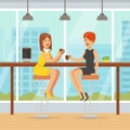 Two Young Women Sitting in Cafe and Drinking Coffee, Best Friends, Female Friendship Concept Cartoon Vector Illustration