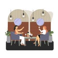 Two young women sitting at table and drinking wine in cafe, vector flat illustration Royalty Free Stock Photo