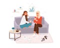 Two young women spending time together. Girls cosy sitting on the couch, talking and holding cup tea, coffee. Home or