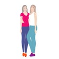 Two young women stand hugging. Lovely happy best friends girls hugging. Simple flat vector illustration. Royalty Free Stock Photo