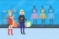 Two Young Women Taking Part in Seasonal Sale at Store or Mall, Girls Carrying Shopping Bags with Purchases, Vector Royalty Free Stock Photo