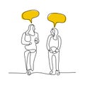 Two young women walking together and talking with speech bubbles continuous line drawing. Young girl discussing about daily Royalty Free Stock Photo