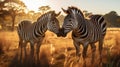 Two zebras grazing peacefully in a sun-kissed meadow, AI Generative Royalty Free Stock Photo