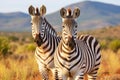 Two zebras stand side by side in a wide open field filled with lush green grass, Two plains zebras Equus burchelli in natural Royalty Free Stock Photo