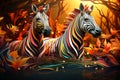 two zebras are standing in a forest with colorful leaves