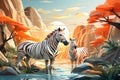 two zebras are standing in front of a river Royalty Free Stock Photo