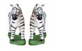 Two zebras standing on green floor, on white background, animal, object, retro, copy space