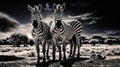 Two zebras standing next to each other in a field, AI Royalty Free Stock Photo