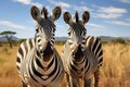 Two zebras standing side by side in a field, showcasing their majestic and beautiful black-and-white stripes, Two plains zebras