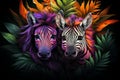 two zebras are surrounded by colorful plants Royalty Free Stock Photo