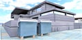 Two zinc industrial waste containers on rectangular concrete slab paving near a futuristic home with an innovative heat-saving