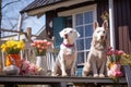 Two white dogs sit on decorated Easter porch, Easter symbols and spring flowers of rural house on early spring sunny day