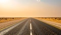 Long straight asphalt highway with yellow and white lane markings stretching into the distance through a desert landscape at Royalty Free Stock Photo