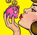 TWoman kissing a piggy bank in Pop Art style.Vintage pop art poster.Woman with money Royalty Free Stock Photo