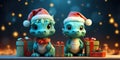 Twoo Cute christmas dragons in santa hat in cartoon style with gift boxs on the backdrop of a beautiful snowy forest.The dragon is