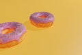 Twoo donut with pink icing and sprinkles, 3D Rendering Yellow background illustration