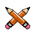 Twoo orange pencil and eraser isolated on white background. hand drawn vector. doodle stationer for kids, learn, study, write. mod
