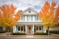 twostory colonial with shutters, framed by autumn trees