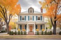 twostory colonial with shutters, framed by autumn trees