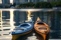 twotone kayak on city waterfront, skyscrapers, calm evening