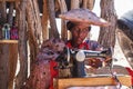 Twyfelfontein, Namibia - Jul 10, 2019: Herero Woman in traditional clothes in Twyfelfontein. Namibia