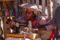 Twyfelfontein, Namibia - Jul 10, 2019: Herero Woman in traditional clothes in Twyfelfontein. Namibia