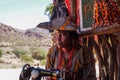 Twyfelfontein, Namibia - Jul 10, 2019: Herero Woman in traditional clothes in Twyfelfontein. Namibia