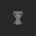 TX letters logo medieval monogram, intersection lines shape XT initials, wedding card emblem X T combination linked two symbols